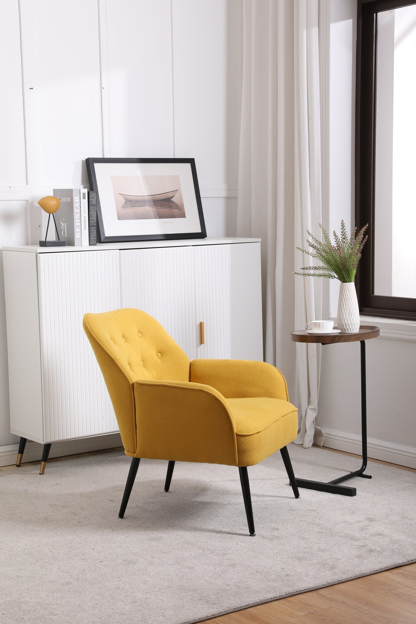 Modern Mid Century Chair Linen Sherpa Armchair for Living Room Bedroom Office Easy Assemble(Yellow)