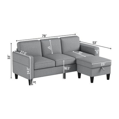 Sofas for families, apartments, dorms, bonus rooms, compact Spaces with lounge lounges, 3 seater, L-shaped design for the chaise, 680 LBS capacity - light grey