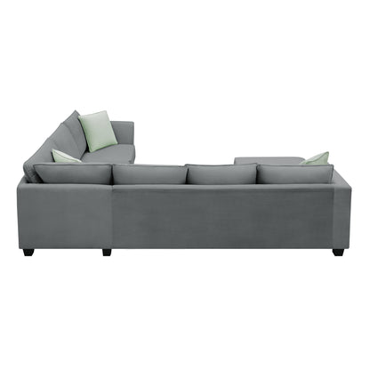 112*87" Sectional Sofa Couches Living Room Sets, 7 Seats Modular Sectional Sofa with Ottoman, L Shape Fabric Sofa Corner Couch Set with 3 Pillows, Grey