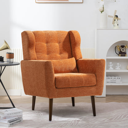 Modern Accent Chair,Chenille Arm Chairs for Living Room,Upholstered Mordern Armchair,Comfy Soft Padded Lounge Chair in Small Space, Bedroom, w/Pillow, Solid Wood Leg (Orange)