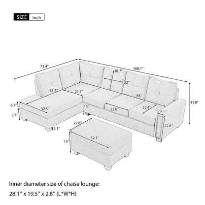 Reversible Sectional Sofa Space Saving with Storage Ottoman Rivet Ornament L-shape Couch for Large Space Dorm Apartment