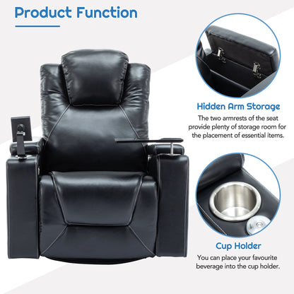 270 Degree Swivel PU Leather Power Recliner Individual Seat Home Theater Recliner with Surround Sound, Cup Holder, Removable Tray Table, Hidden Arm Storage for Living Room, Black