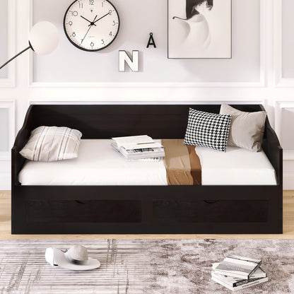 Wooden Daybed with Trundle Bed and Two Storage Drawers, Extendable Bed Daybed,Sofa Bed with Two Drawers, Espresso