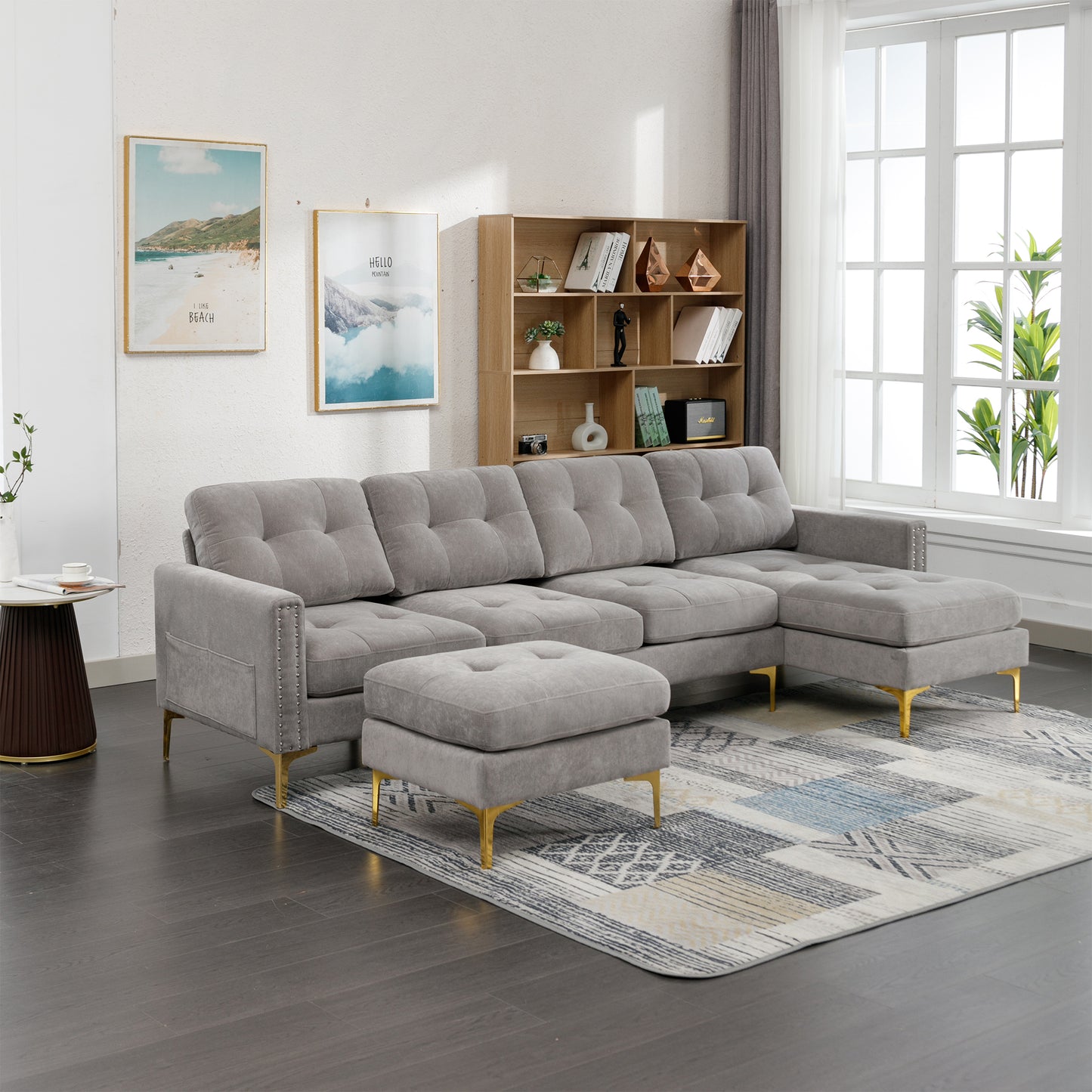 110" L-Shape Convertible Sectional Sofa Couch with Movable Ottoman for Living Room, Apartment, Office, Light Grey