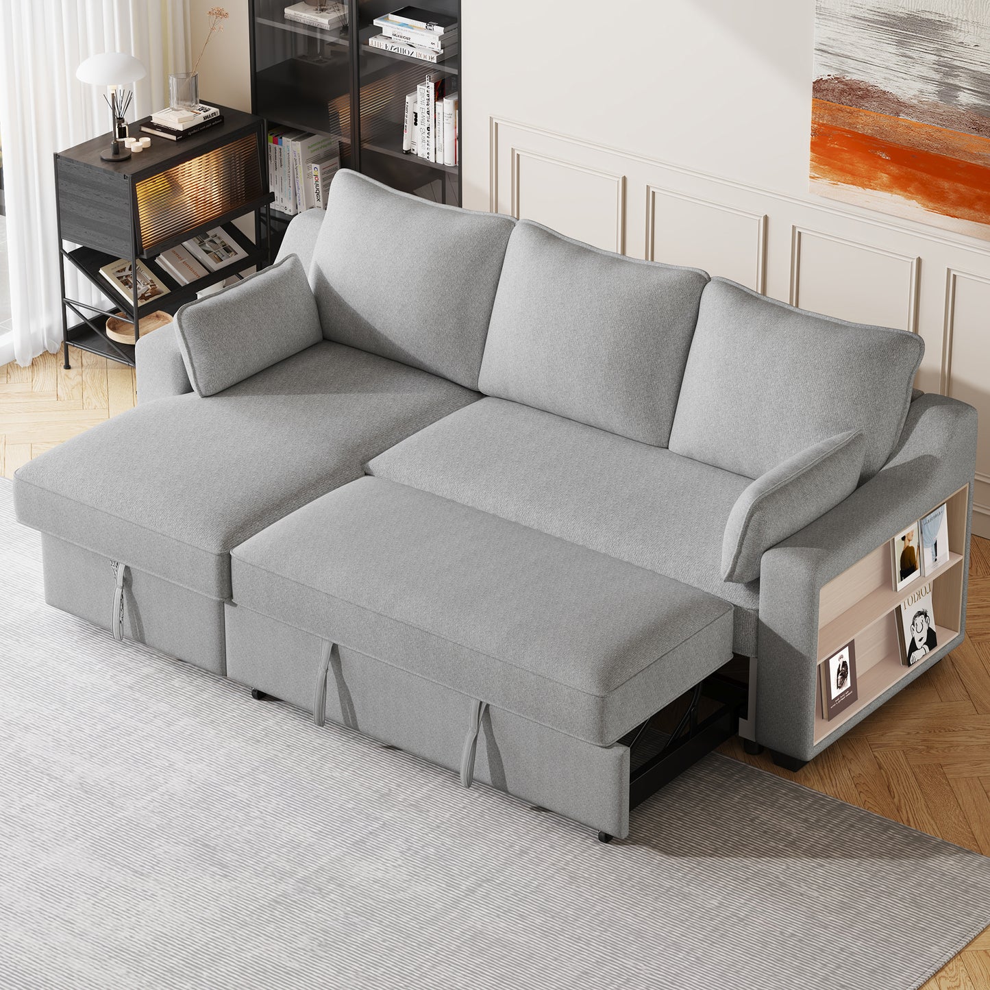 90" Pull Out Sleeper Sofa L-Shaped Couch Convertible Sofa Bed with Storage Chaise, Storage Racks and USB Ports, Light Grey