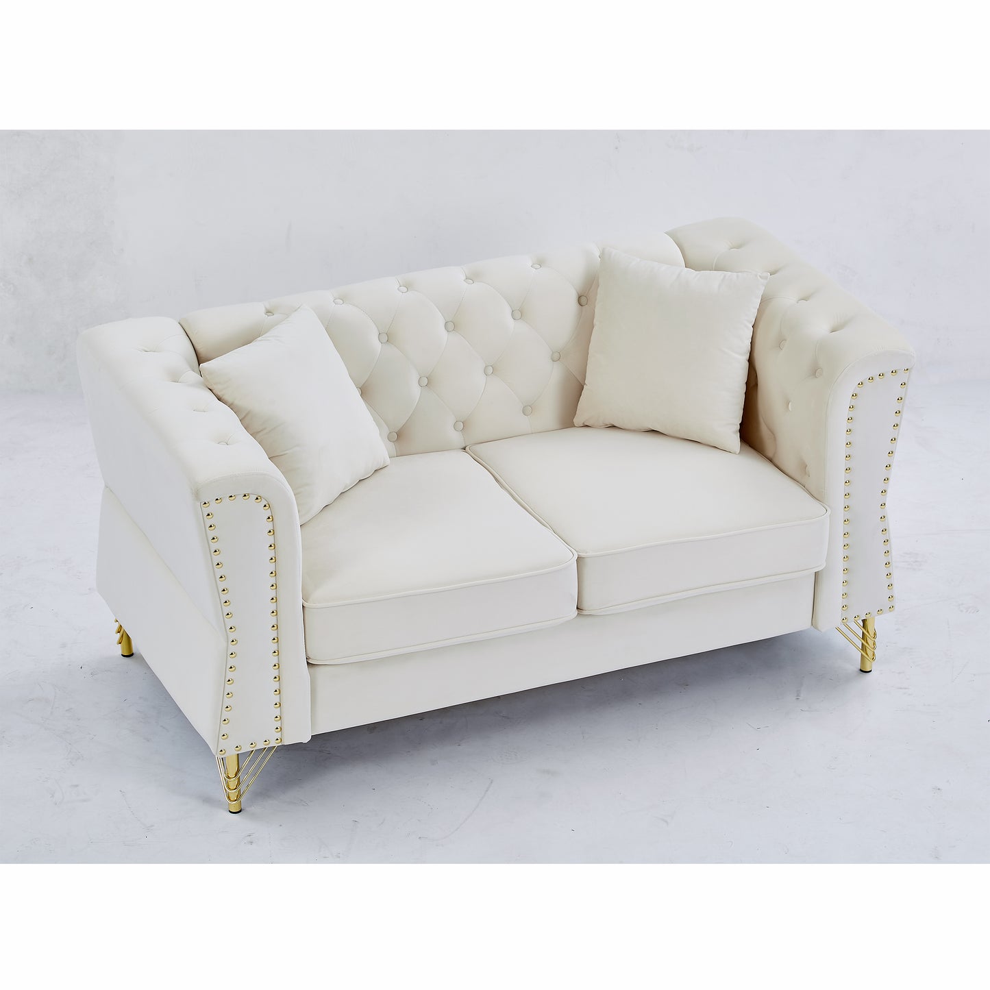 60.2" Chesterfield Sofa Beige Velvet for Living Room, 2 Seater Sofa Tufted Couch with Metal Foot and Nailhead for Living Room, Bedroom, Office, Apartment, two pillows