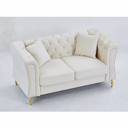 60.2" Chesterfield Sofa Beige Velvet for Living Room, 2 Seater Sofa Tufted Couch with Metal Foot and Nailhead for Living Room, Bedroom, Office, Apartment, two pillows