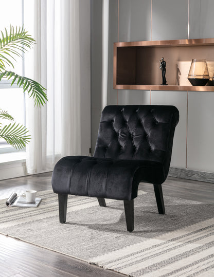 Modern Velvet Armless Accent Living Room Chair / Leisure Chair,Upholstered Fabric Button Comfortable Chair with Wooden Legs for Bedroom, Living Room, Office (Black Velvet)