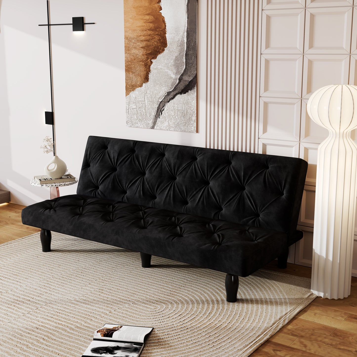 2534B Sofa converts into sofa bed 66" black velvet sofa bed suitable for family living room, apartment, bedroom