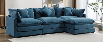 112.2" L-Shape Chenille Upholstered Sofa for Living Room Modern Luxury Sofa Couch with Ottoman, 5 Pillows, Blue