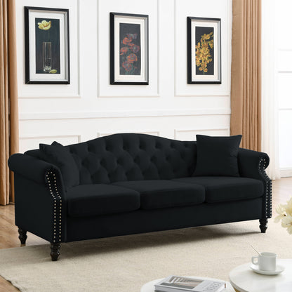 79" Chesterfield Sofa Black Velvet for Living Room, 3 Seater Sofa Tufted Couch with Rolled Arms and Nailhead for Living Room, Bedroom, Office, Apartment, two pillows