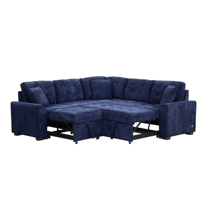 82.6" L-shape Sofa Bed Pull-out Sleeper Sofa with Wheels, USB Ports, Power Sockets for Living Room, Navy Blue