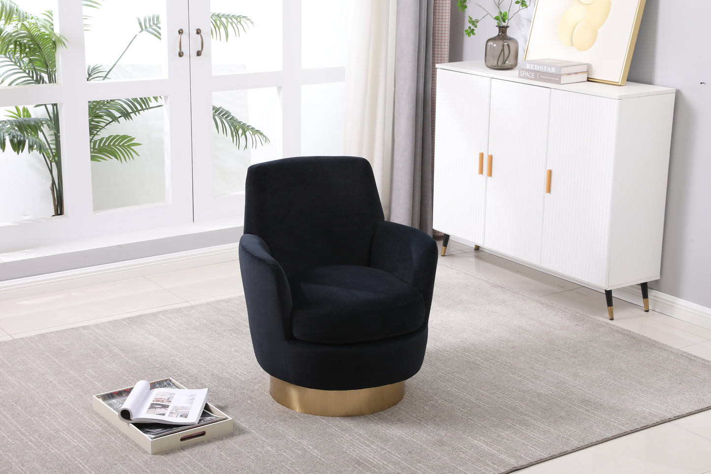 Velvet Swivel Barrel Chair, Swivel Accent Chairs Armchair for Living Room, Reading Chairs for Bedroom Comfy, Round Barrel Chairs with Gold Stainless Steel Base