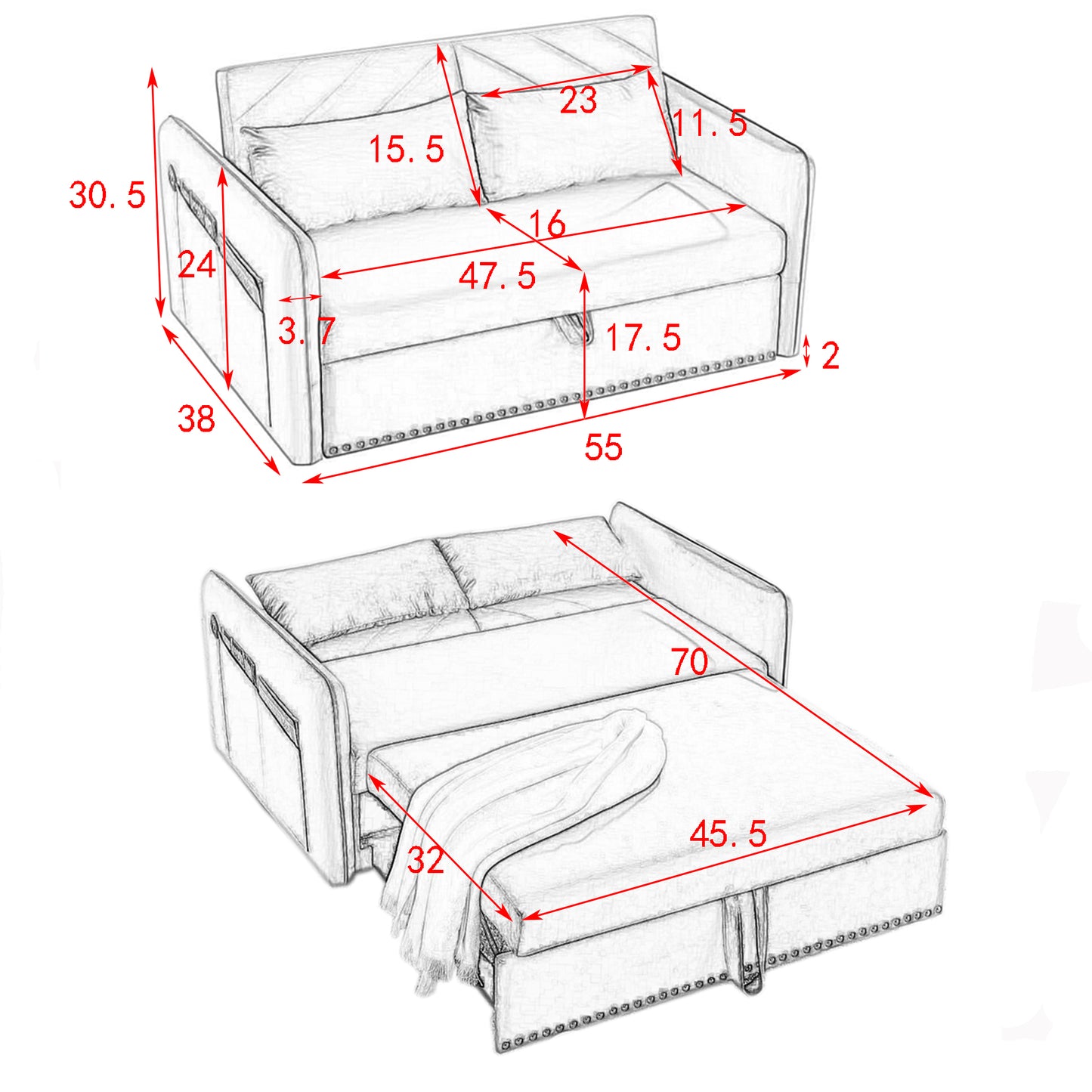 Sleeper Sofa Bed w/USB Port, 3-in-1 adjustable sleeper with pull-out bed, 2 lumbar pillows and side pocket, soft velvet convertible sleeper sofa bed, suitable for living room bedroom