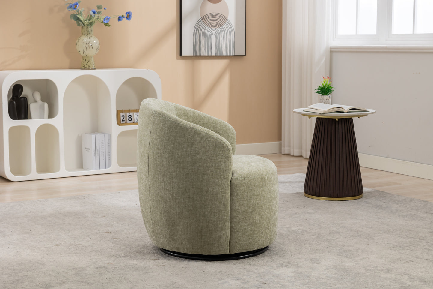 037-Chenille Fabric Swivel Accent Armchair Barrel Chair With Black Powder Coating Metal Ring,Light Green