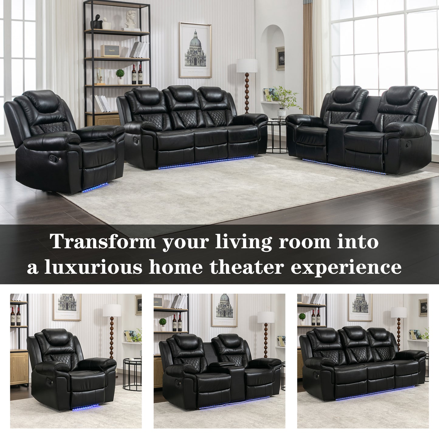 Home Theater Seating Manual Recliner Loveseat with Hide-Away Storage, Cup Holders and LED Light Strip for Living Room, Black