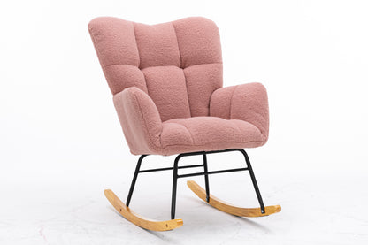 Mid Century Modern Teddy fabric Tufted Upholstered Rocking Chair Padded Seat for Living Room Bedroom,Pink