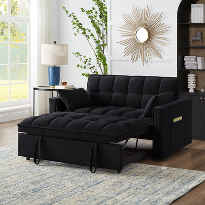 4 in1 Loveseat Sofa Bed with Armrests & Storage Pockets, Multi-Function Tufted Pull-out Sofa Bed with Adjustable Backrest and Pillows, Convertible Loveseat Sofa Couch,Black