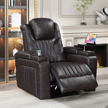 PU Leather Power Recliner Home Theater Recliner with Power Adjustable Headrest, Wireless Charging Device, USB Port, Storage Arms, Cup Holder and Swivel Tray Table for Living Room, Brown