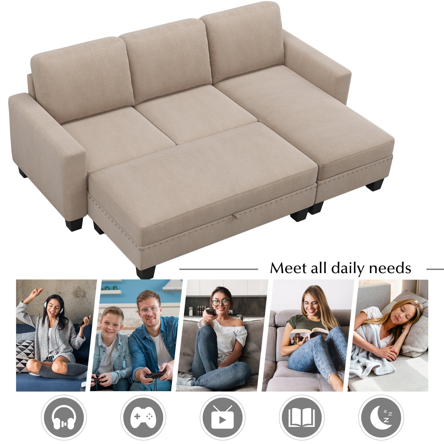 81" Reversible Sectional Couch with Storage Chaise L-Shaped Sofa for Apartment Sectional Set,Sectional Sofa with Ottoman,Nailhead Textured Linen Fabric 3 pieces Sofa Set,Warm Grey