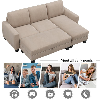 81" Reversible Sectional Couch with Storage Chaise L-Shaped Sofa for Apartment Sectional Set,Sectional Sofa with Ottoman,Nailhead Textured Linen Fabric 3 pieces Sofa Set,Warm Grey