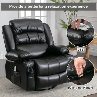 Massage Swivel Rocker Recliner Chair with Vibration Massage and Heat Ergonomic Lounge Chair for Living Room with Rocking Function and Side Pocket  2 Cup Holders USB Charge Port,black.