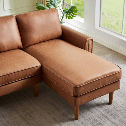 82.2"L-Shape Sofa Couch with Chais Mid-Century Copper Nail on Arms,strong wooden leg and suede fabric design that will complement any living space.Right Chaise, Brown