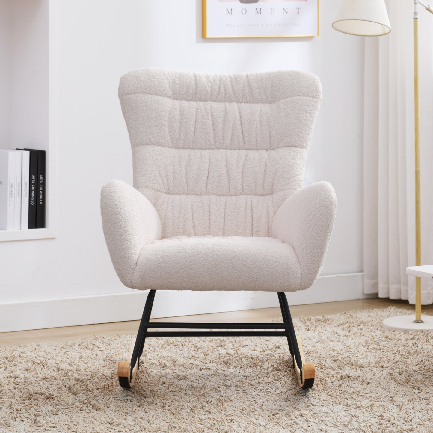 Rocking Chair, Teddy Upholstered Glider Rocker, Rocking Accent Chair with High Backrest, Comfy Rocking Accent Armchair for Living Room, Bedroom, Offices, WHITE