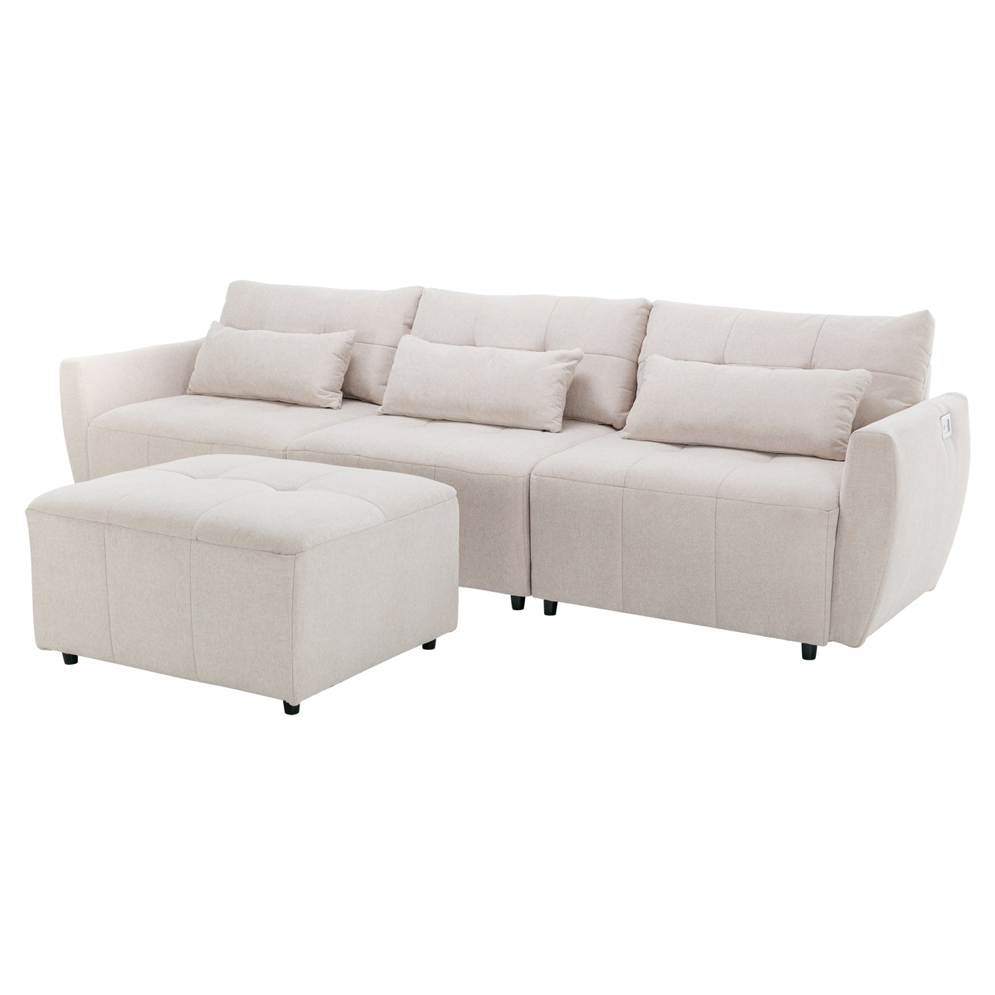 113.3" Convertible Sectional Sofa Couch 3-Seat L-Shaped Sofa with Movable Ottoman and USB for Apartment, Living Room, Bedroom, Beige