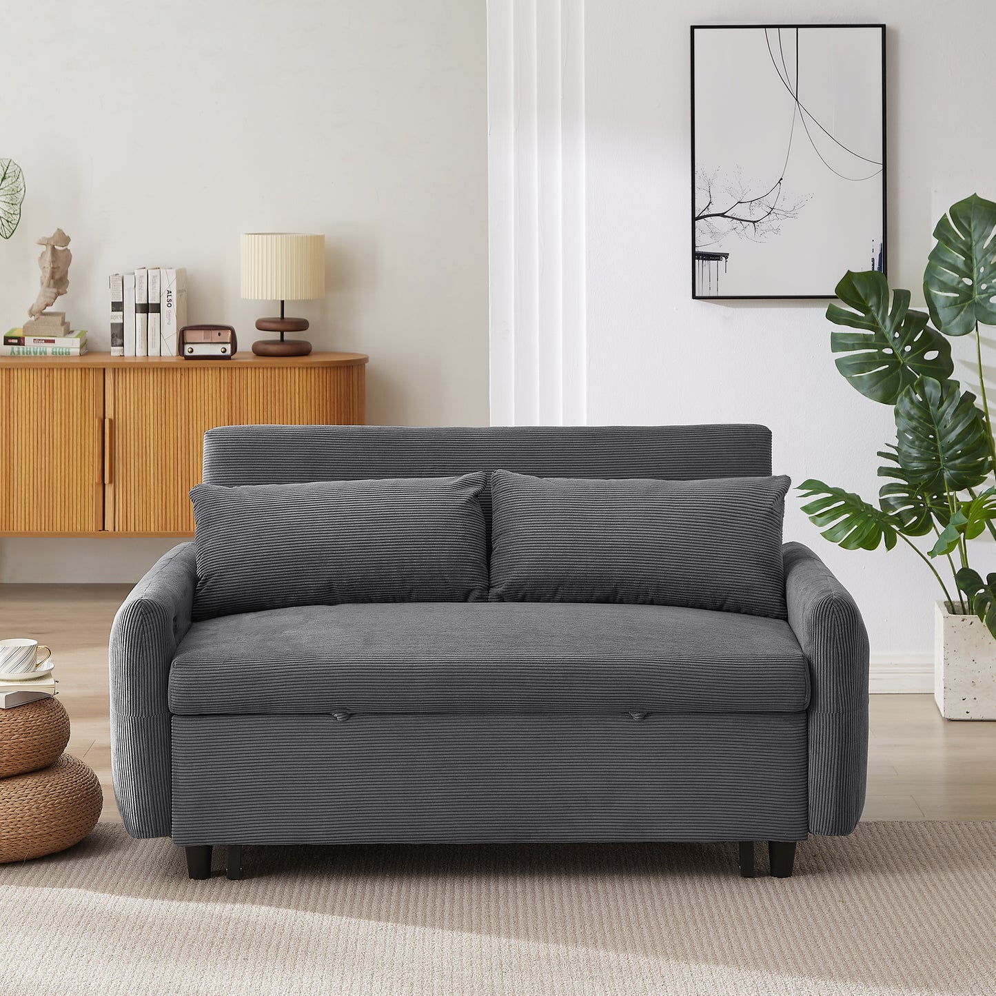 57.48" Pull-out Sofa Bed Convertible Couch 2 Seat Loveseat Sofa Modern Sleeper Sofa with Two Throw Pillows and USB Ports for Living Room, Dark Grey