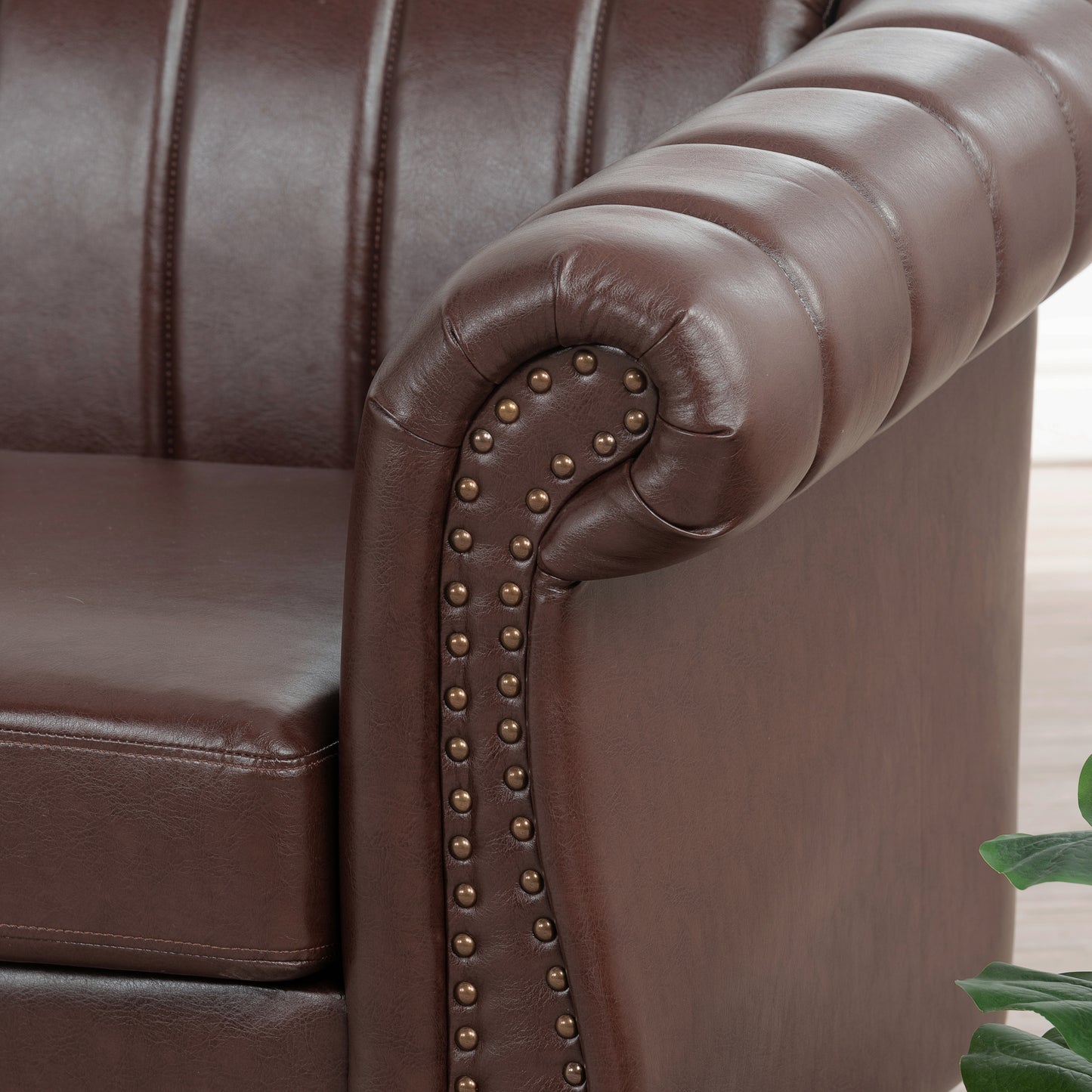 83.46'' Brown PU Rolled Arm Chesterfield Three Seater Sofa.