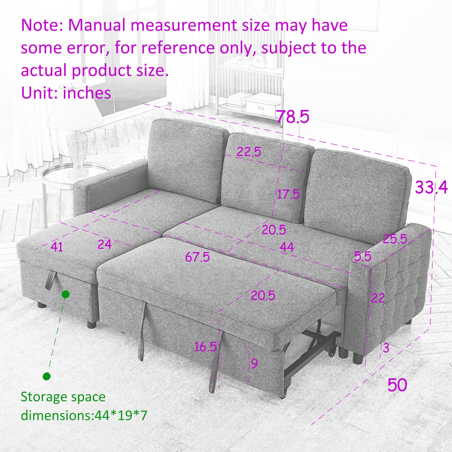 78.8" Reversible Sleeper Combo Sofa with Pullout Bed, Comfortable Linen L-Shaped Combo Sofa Sofa Bed, Living Room Furniture Sets for Tight Spaces