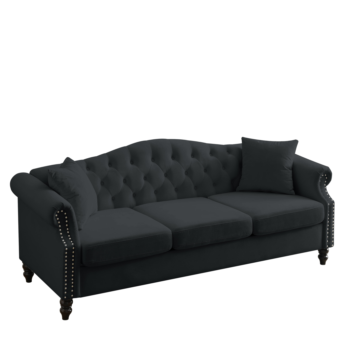 79" Chesterfield Sofa Black Velvet for Living Room, 3 Seater Sofa Tufted Couch with Rolled Arms and Nailhead for Living Room, Bedroom, Office, Apartment, two pillows