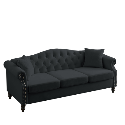 79" Chesterfield Sofa Black Velvet for Living Room, 3 Seater Sofa Tufted Couch with Rolled Arms and Nailhead for Living Room, Bedroom, Office, Apartment, two pillows