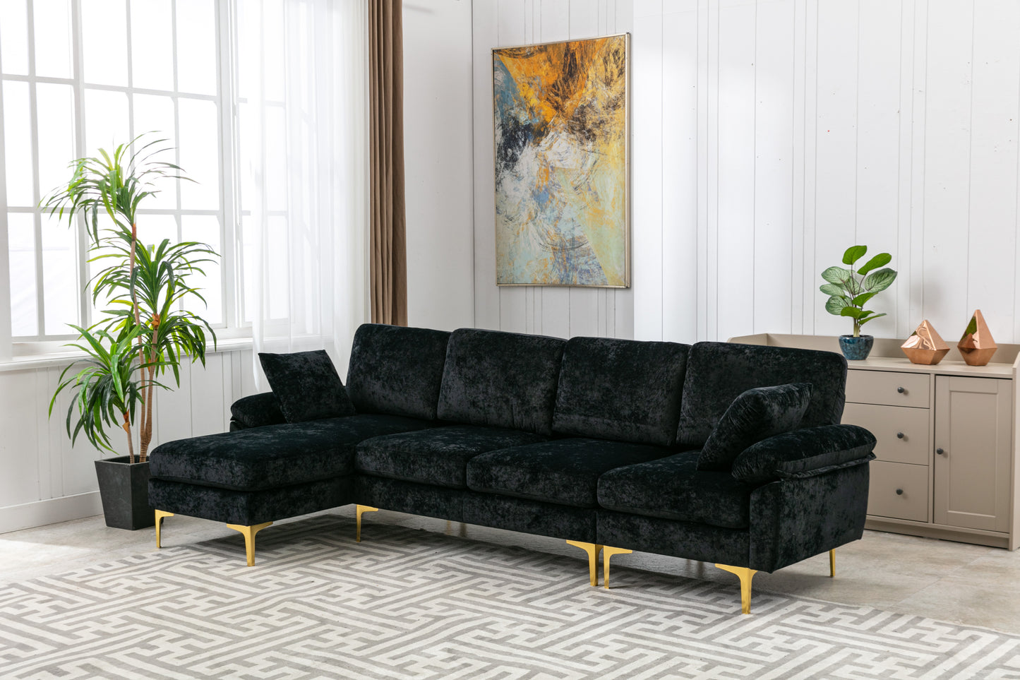 U-shape sectional sofa with Ottoman, Reversible Sofa Couch for Living Room,Spacious Furniture,Durable Couch Removable and machine washable cover (Black Velvet)