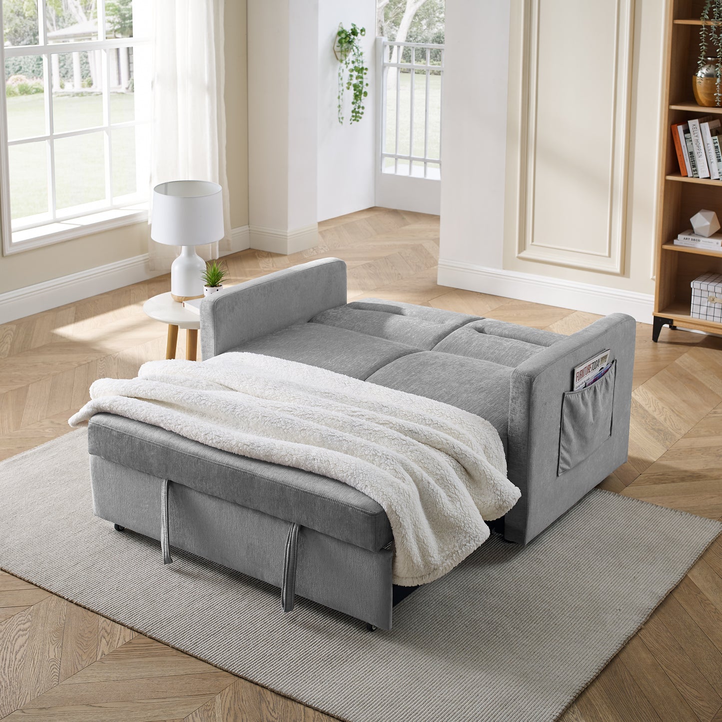 Loveseats Sofa Bed with Pull-out Bed, Adjsutable Back and Two Arm Pocket,Grey