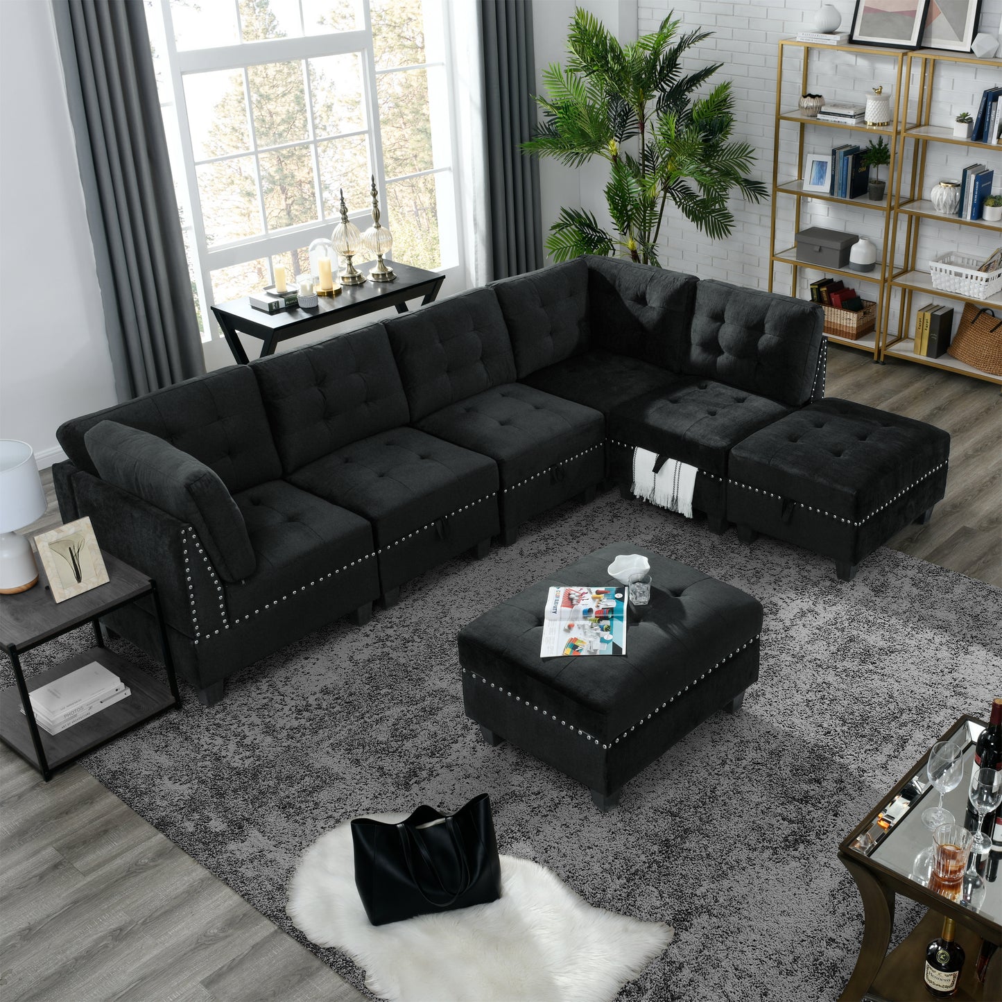 L shape Modular Sectional Sofa,DIY Combination,includes Three Single Chair,Two Corner and Two Ottoman,Black Velvet.