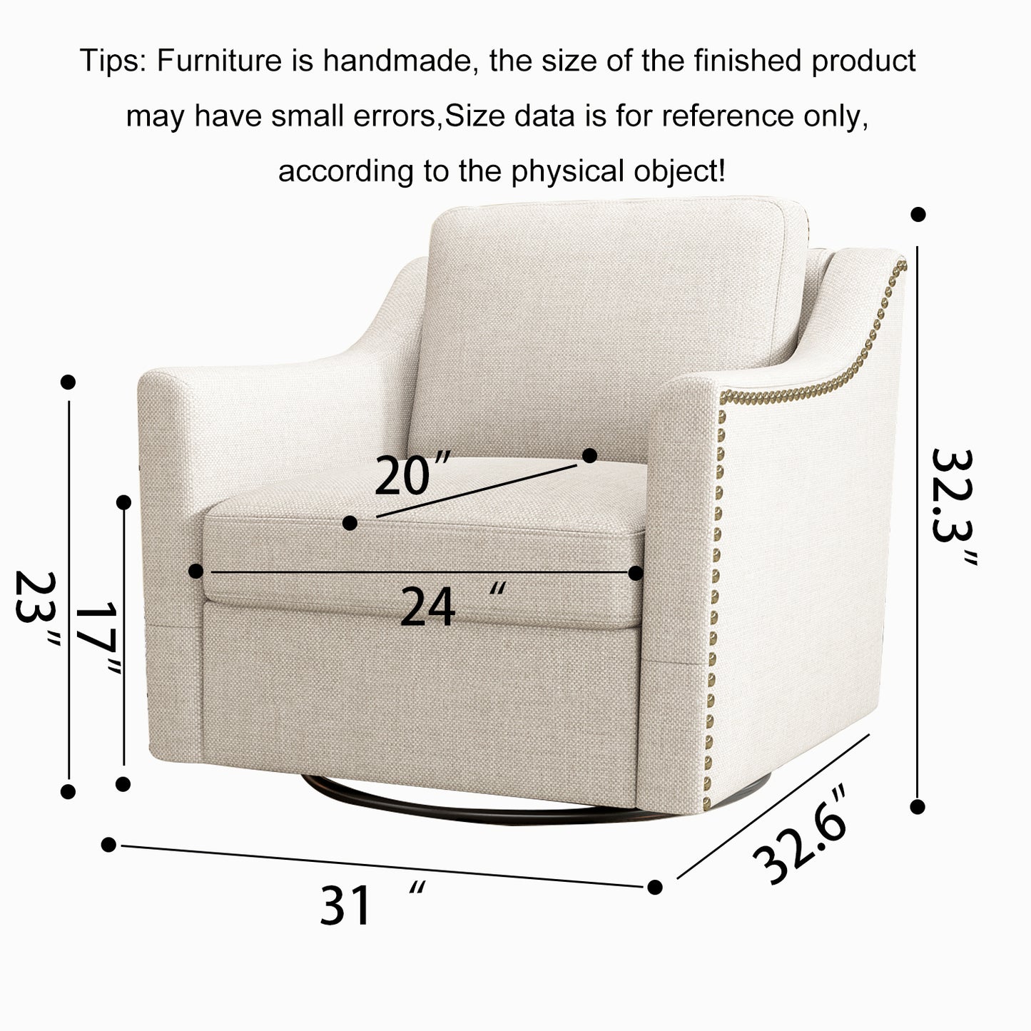 360 Degree Swivel Armchair Cotton linen skin-friendly fabric Ergonomic design Brass nail decorative armchair Living room chairs Bedroom chairs Living room chairs Black legs Suitable for indoor homes