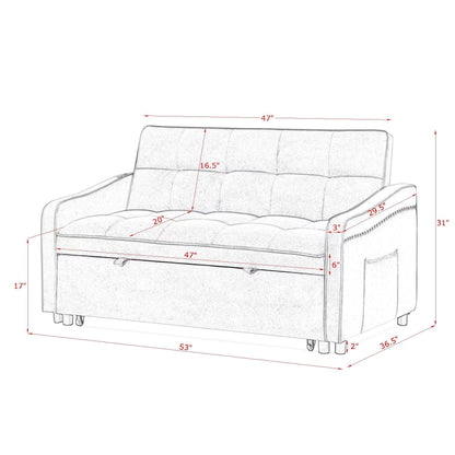 Loveseats Sofa Bed with Pull-out Bed,Adjsutable Back and Two Arm Pocket,TypeC and USB Charging with Copper nail,Blue (47"x53"x31")