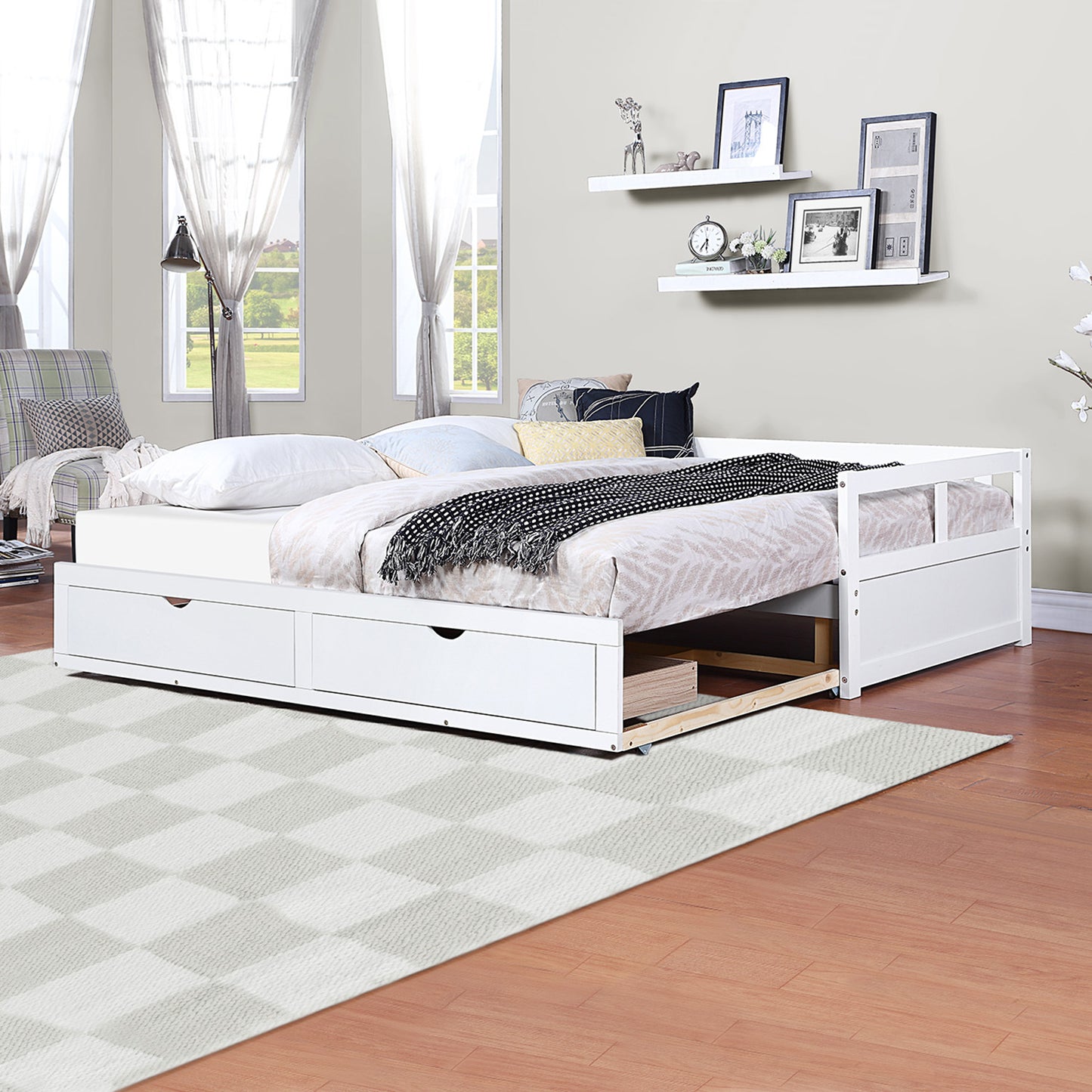 Wooden Daybed with Trundle Bed and Two Storage Drawers, Extendable Bed Daybed,Sofa Bed for Bedroom Living Room,White