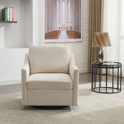 Cream white fabric swivel rotating accent chair with USB and magazine book for living room and hotel bed room