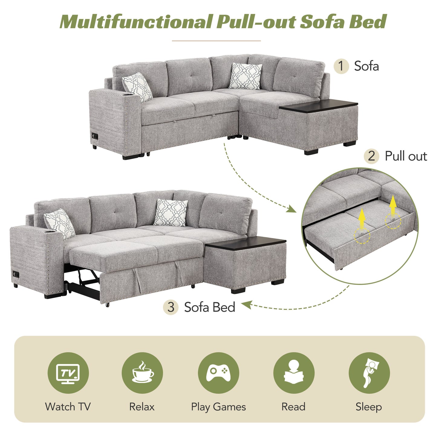 83.8" Sectional Pull-Out Sofa Bed L-Shaped Corner Sofa Couch with Storage Chaise, USB Ports, Power Sockets, Cup Holder for Living Room, Bedroom, Study, Light Gray