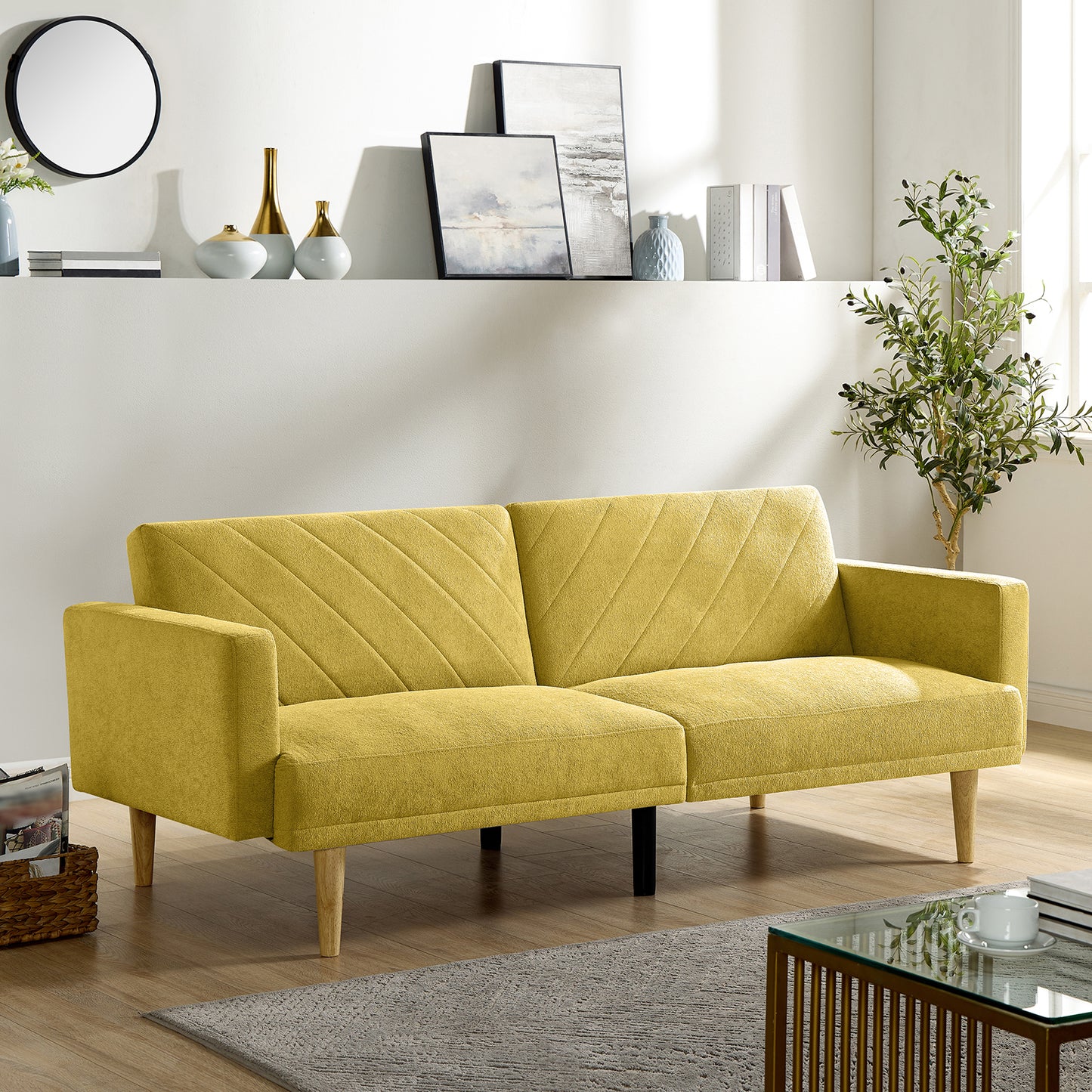 Multi-Functional Futon Sofa Bed :Tapered Wood Legs - Ideal for Small Living Rooms - Multi-Color Fabric Options - Easily Converts to Single Bed, Yellow