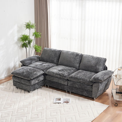 Modern Deep 3-Seat Sofa Couch with Ottoman, Polyester Sofa Sleeper Comfy Upholstered Furniture for Living Room, Apartment, Studio, Office,Dark Grey