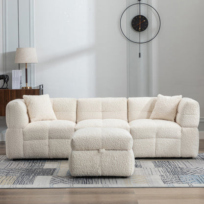 87.7" Sectional Sofa Cozy Teddy Fleece Fabric Sectional Sofa Couch with Two USB Ports a Movable Storage Ottoman and Two Lumbar Pillows for Living Room, Creamy White