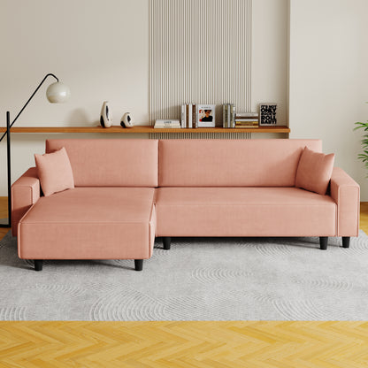 The 93-inch orange corduroy sofa bed comes with two pillows to fit in the living room and the apartment is not overcrowded