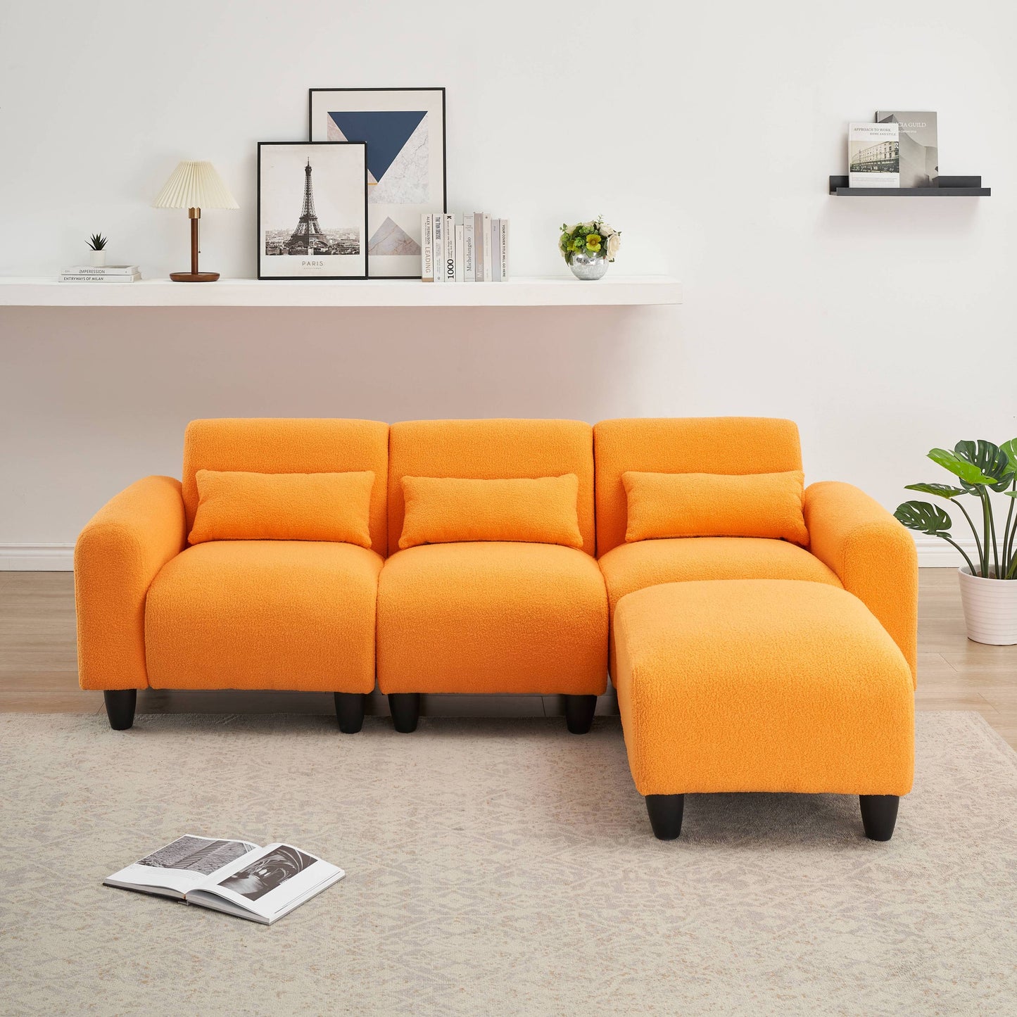 The 84.6-inch orange teddy fleece creative sofa can be assembled into a two-seater sofa with a single couch with three waist pillows to perfectly stretch your waist for small apartment bedroom Spaces