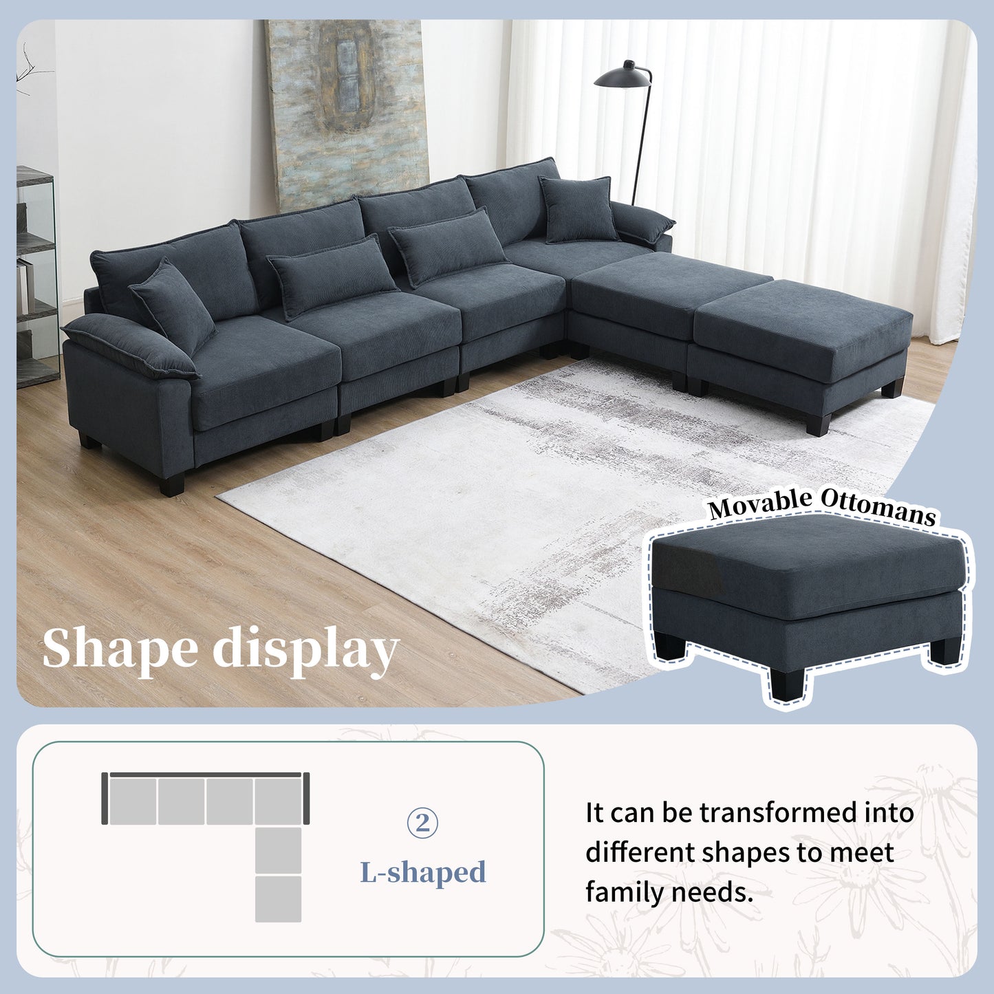 133*65" Corduroy Modular Sectional Sofa,U Shaped Couch with Armrest Bags,6 Seat Freely Combinable Sofa Bed,Comfortable and Spacious Indoor Furniture for Living Room, 2 Colors