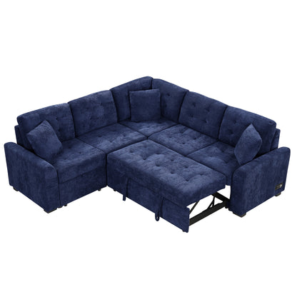 82.6" L-shape Sofa Bed Pull-out Sleeper Sofa with Wheels, USB Ports, Power Sockets for Living Room, Navy Blue