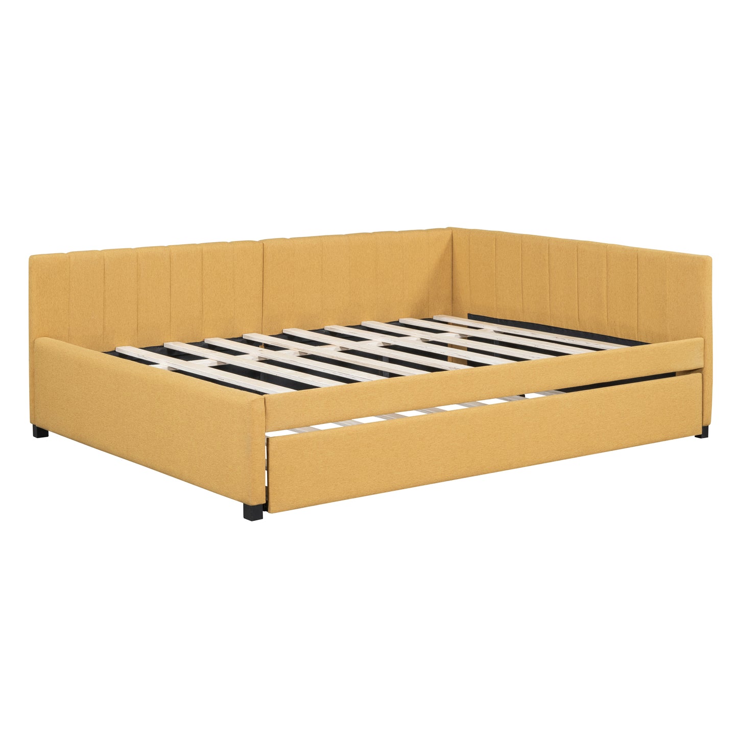 Full Size Upholstered Daybed with Trundle Sofa Bed Frame No Box Spring Needed, Linen Fabric(Yellow)